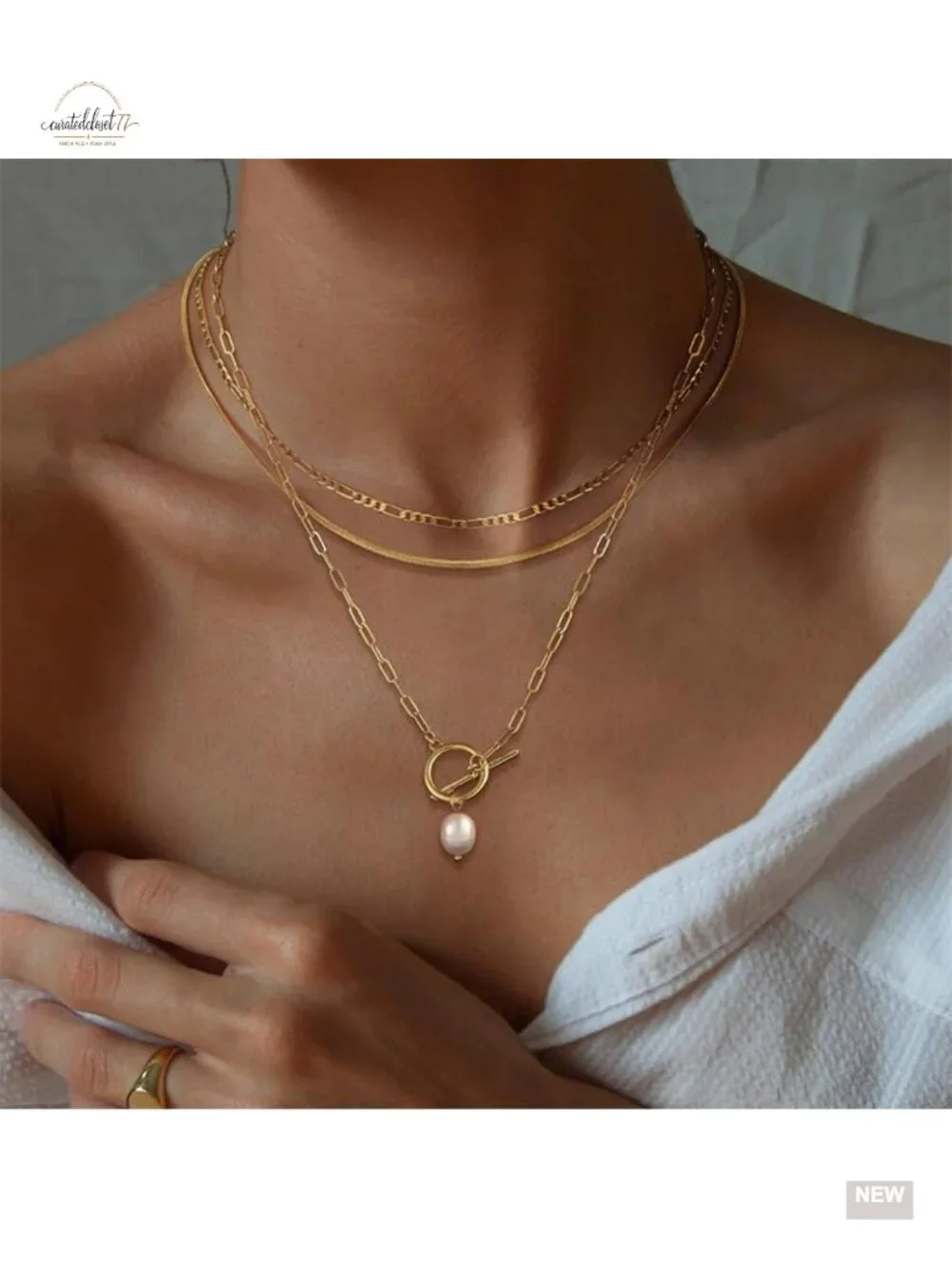 Dainty 14k Gold Plated Stackable Choker Necklaces Set with Pearl Pendant